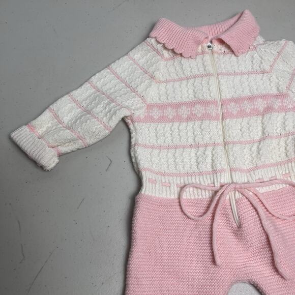 Vintage Pink White Knit Baby Sleeper Footed Zip Front Long Sleeve NO SIZE TAG - Picture 7 of 11